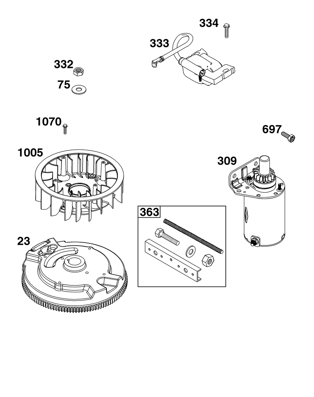 Flywheel, Ignition, And Starter Group Diagram and Parts List for 49T877-0035-G1 400000 - 699999 Briggs and Stratton Engine